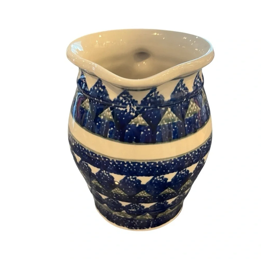 Boleslawiec Pitcher Jug Polish Pottery Blue Triangle Water Juice Tea Milk 32oz.